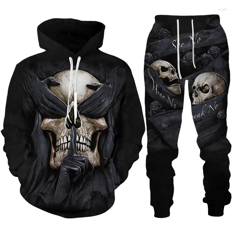 Personnalités masculines Personnalités Skull 3D Print TrackSuit Set Sweat à capuche punk gothique / Sweat-shirt / pantalon / costume