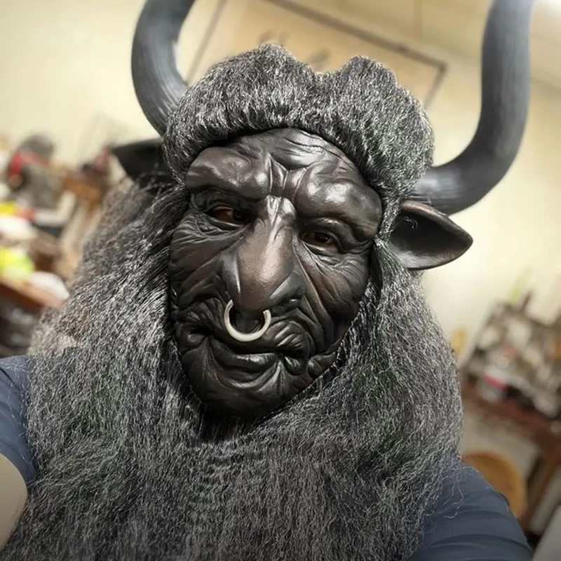 Parti maskeleri lateks öküz boynuz tam yüz maske Bull Demon King King Cadılar Bayram