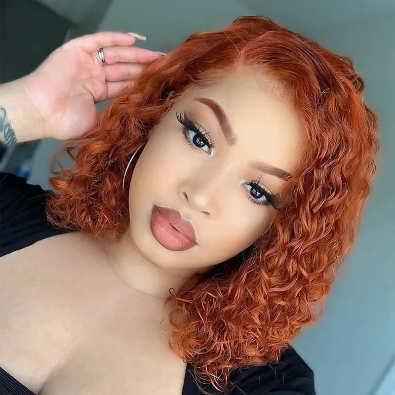 180% densitet Ginger Orange Curly 13x4 Spets Front Human Hair Wigs For Women Short Bob Curly Human Hair Wigs Transparent spets peruk