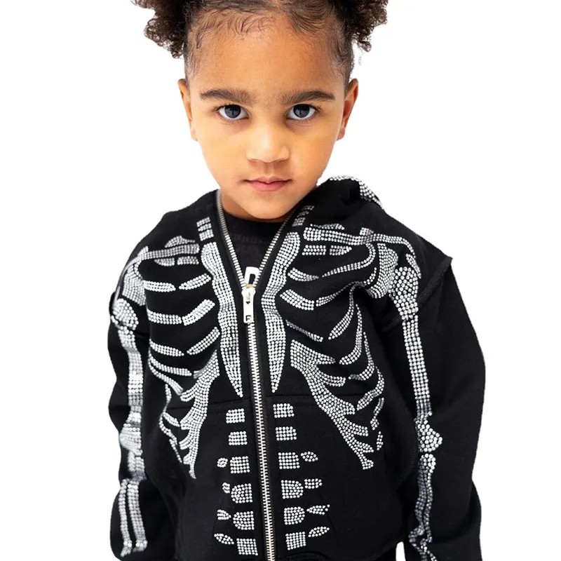 Y2K Gothic Parent Child Hoodie European and American Vintage Skull Rhinestone Long Sleeve Full Zip Children's Fashion Sweatshirt Men's Casual Hoodie