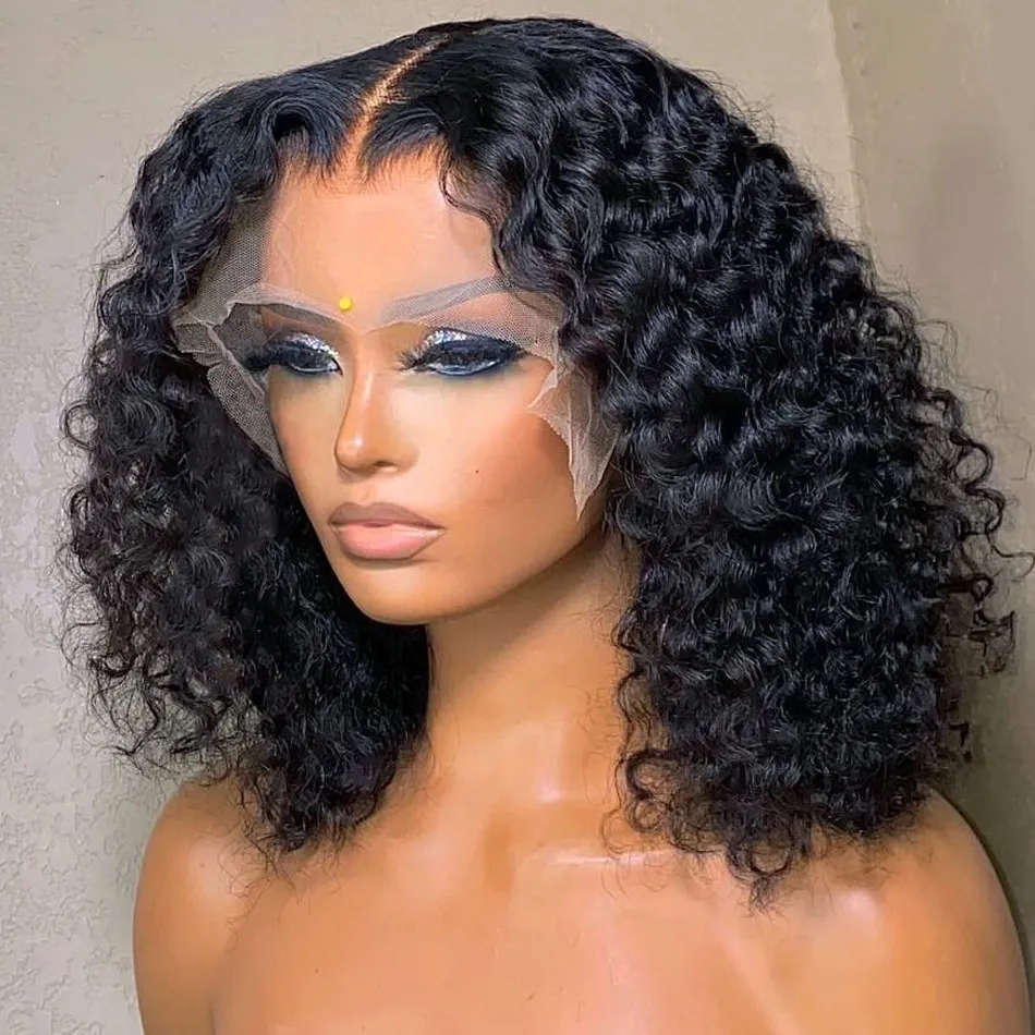 220% densité Bob Short Bob Jerry Curly Human Hair Wigs Wave Deep Frontal Wig Remy Bob Lace Wig Hd Transparent T Part Lace Wigs