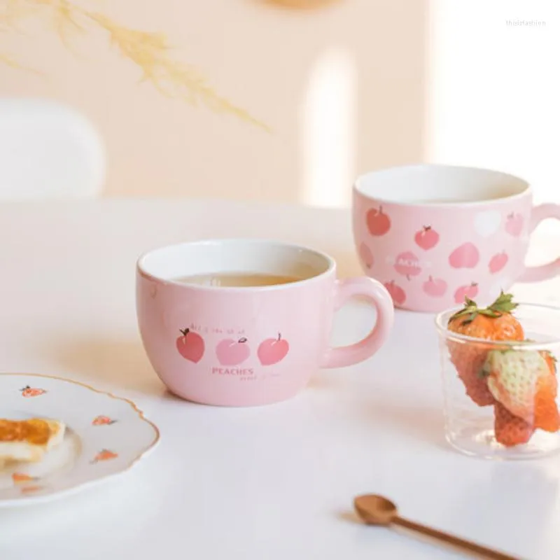 Mugs Custom Mug 340ml Japanese Style Peach Ceramic Oatmeal Milk Cup Girl Breakfast Pink Mini Three-dimensional Interior