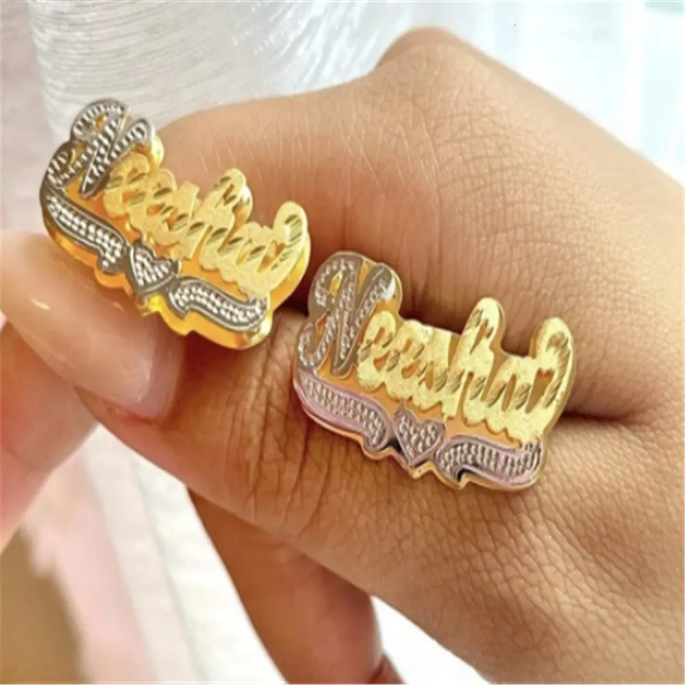 Hoop Huggie Double Layer Nameplate Earrings Personalized Custom Name TwoColor Ear Studs For Women Letter 230817