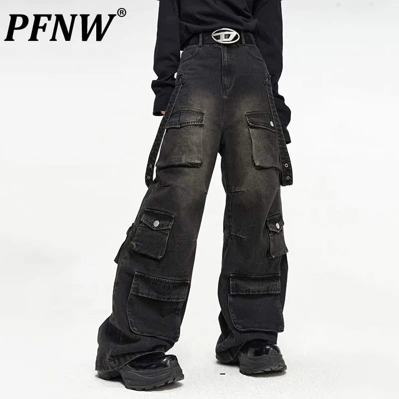 Dżinsy męskie Pfnw Summer Men's American High Street Multi Pocket Nets Dżinsy luźne Hip Hop proste technologie Dżinsowe spodnie 12Z1496 230816