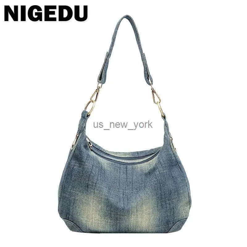 Hobo jeans casual feminino bolsa crossbody zíper duplo saco de ombro feminino qualidade lona shessbags bolsas de viagem bolsa azul hkd230817