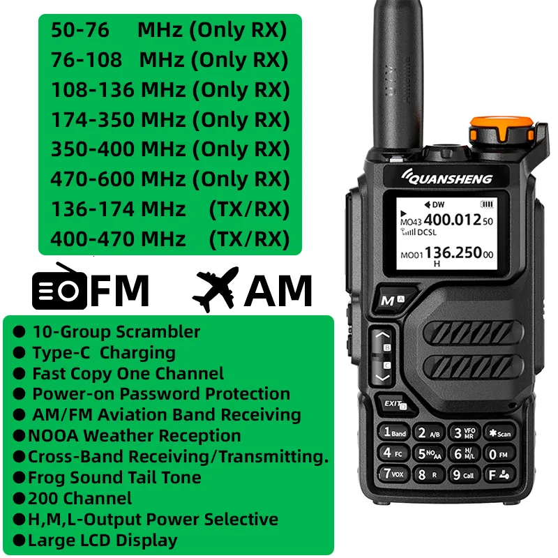 Walkie Talkie Quanssheng UV K5 Портативное радио Am FM FM Двухчастотное коммутаторное станция любителя Ham Wireless Set Long Range Receiver 230816