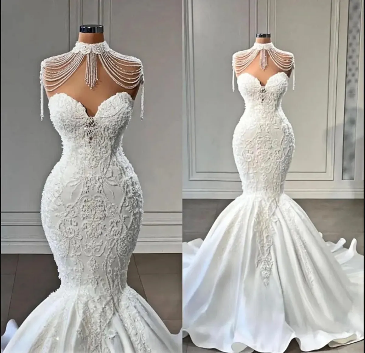 Vestidos de novia de sirena de cuello alto vintage de encaje aplicado.