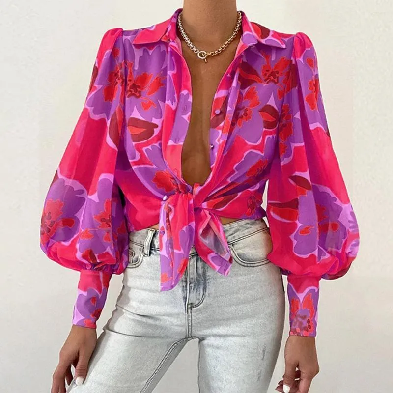 Kvinnors blusar Kvinnor Skjorta Lapel Puff Long Sleeve Tops Flower Printing Single-Breasted Löst Fit Thin Blouse Workwear