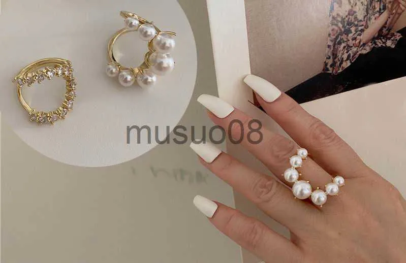 Band Rings Statement Fashion Big Geometric Pearl Paved Rings For Women New Jewelry Adjustable Bijoux J230817