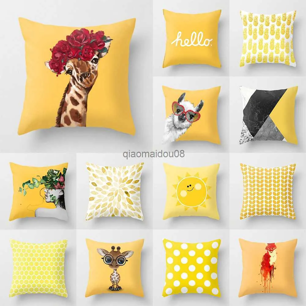 Pillow Case 45cmx45 cm Geometrische gelbe Liebe Giraffe -Print -Hülle Wohnzimmer Sofa -Dekoration Wurf Hülle HKD230817