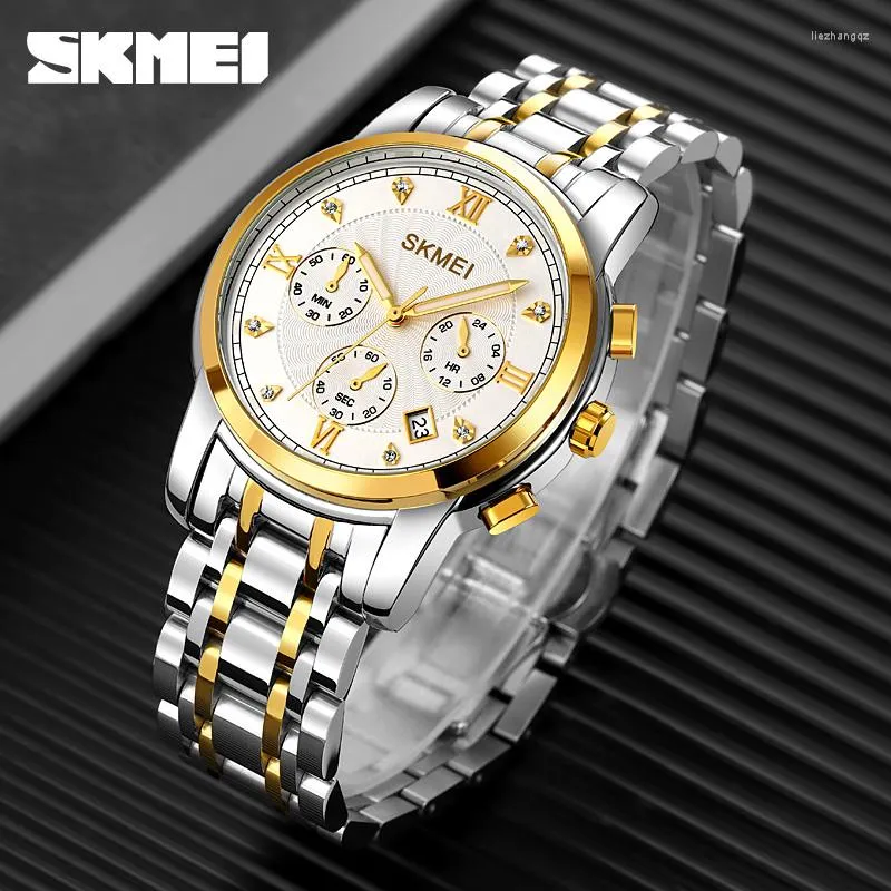 손목 시계 럭셔리 남성 시계 SKMEI 브랜드 비즈니스 캐주얼 캘린더 스톱워치 스테인리스 스틸 쿼츠 손목 시계 수컷을위한 방수 시계
