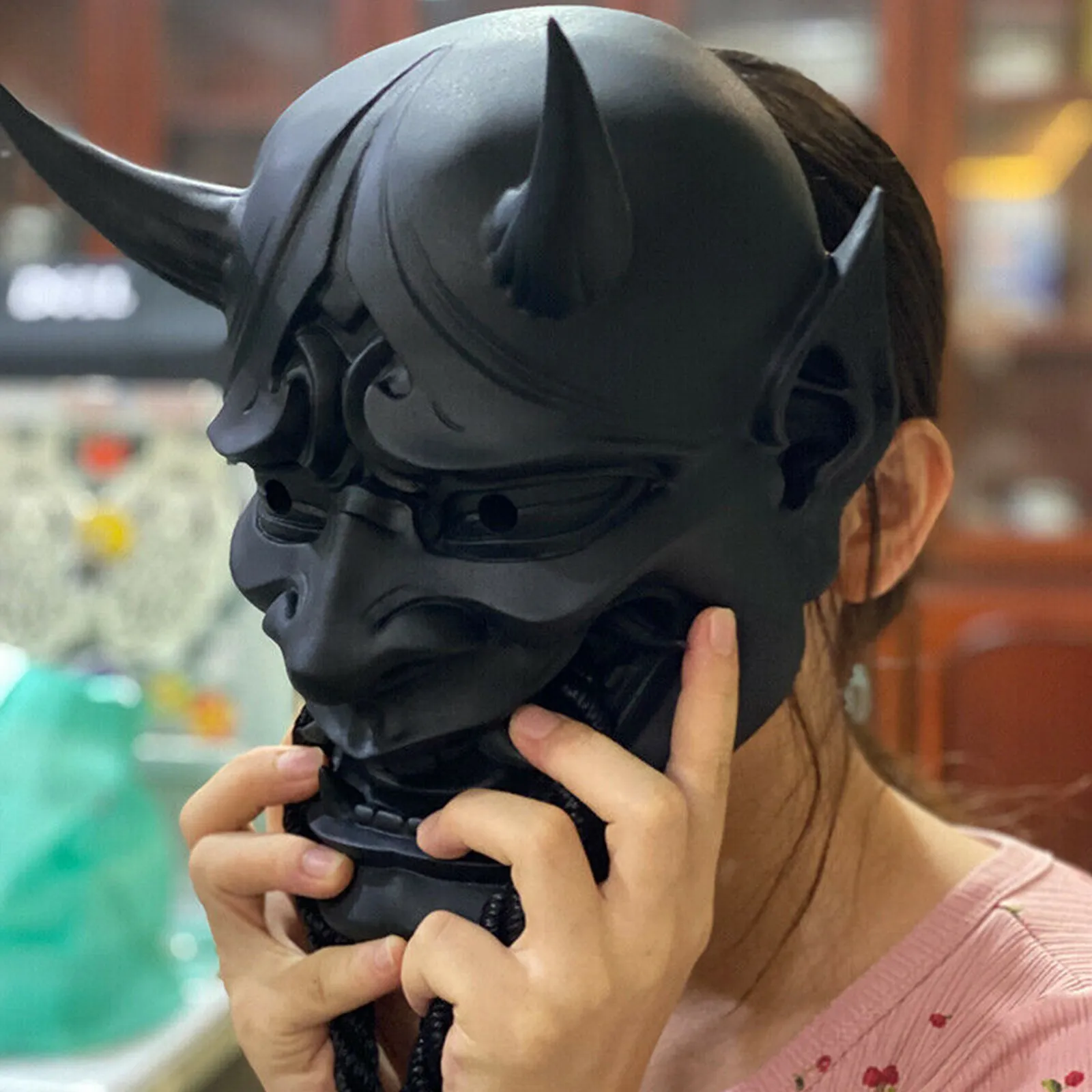 Parti Maskeleri Yetişkin Unisex Cadılar Bayramı Japon Mühürlü Prajna Şeytan Hannya Noh Kabuki Demon Oni Samurai Tam Yüz Maskesi Kırmızı Siyah Mavi 230816