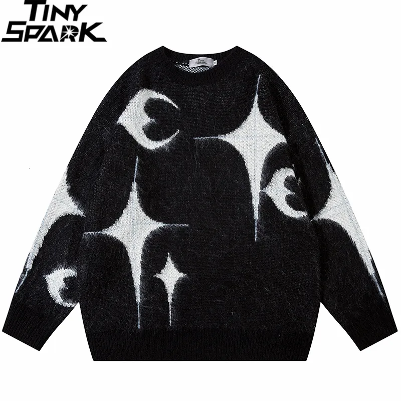 Suéteres masculinos hombres suéter streetwear estrella luna gráfica suéter de punto de punto Hip hop algodón Harajuku suéter suave y2k gris negro 230815