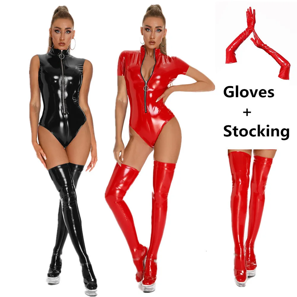 Sexy Set Sexy Women Lingerie Faux Leather Bodysuit Slim Glossy PVC Latex Catsuit Front Zipper Jumpsuits Stretch Erotic Costumes 230817