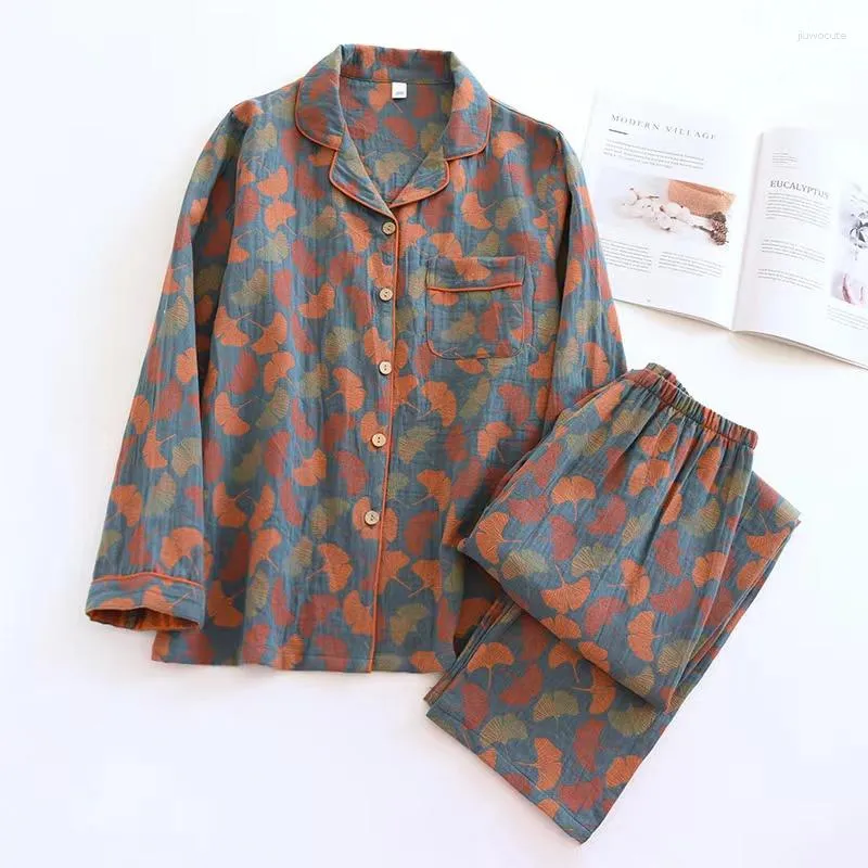 Women's Sleepwear 2023 Spring And Summer Pajamas Suit Long-sleeved Trousers Two-piece Cotton Crepe Flower Leaves Home Clothes