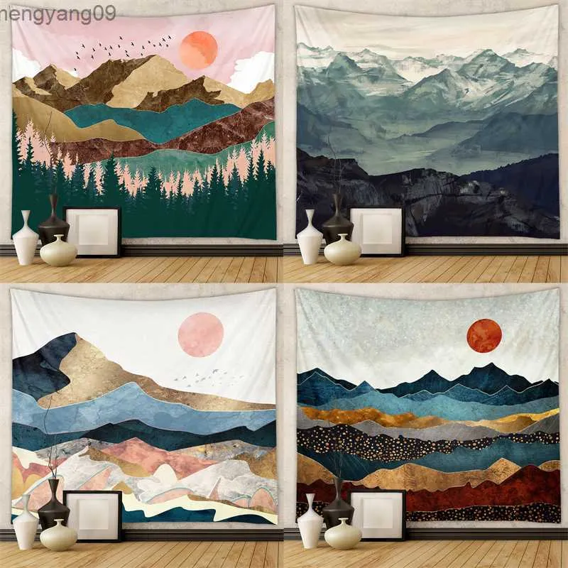 Tapestres abstrato montanhas geométricas de estampa de poliéster tapeçaria Ins Sun Floresta Paisagem Parede pendurada tapeçaria 75x58cm Decoração de tapete de parede R230817