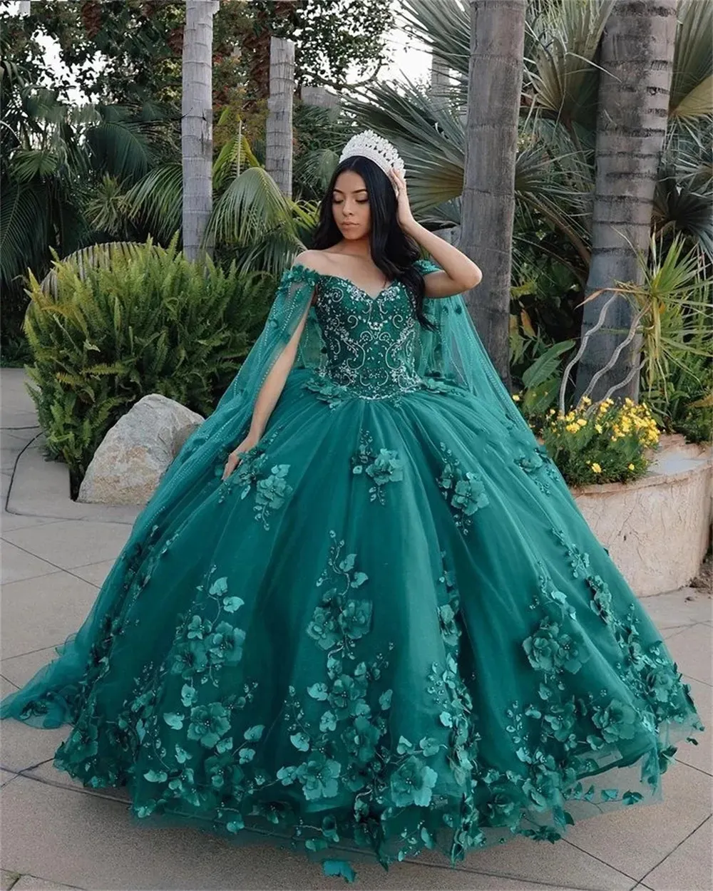 green emerald velvet dress Green Cape Sleeve Off Shoulder Mesh Quinceanera Gown – Aquarius Brand main image 1