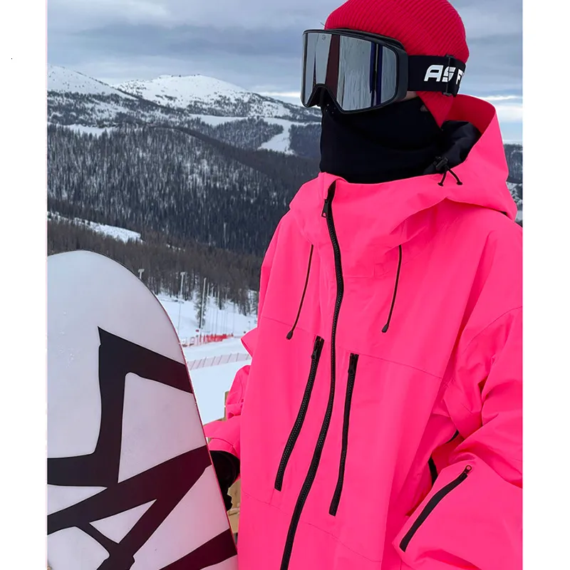 Fluorescent Pink Unisex Ski Jacket With Windproof Hoodie For Men