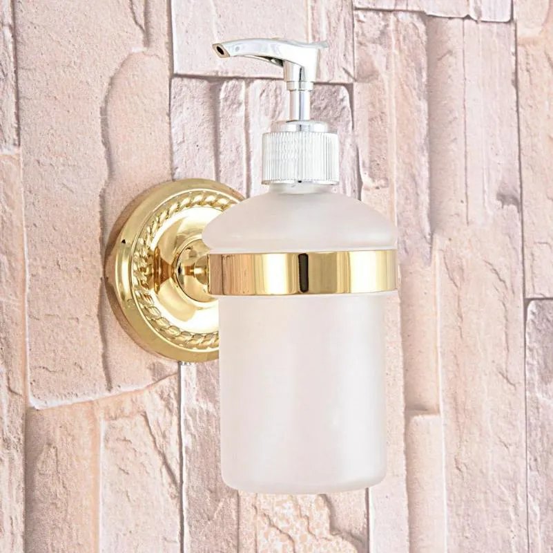 Liquid Soap Dispenser Gold Color Brass Wall Mounted Kitchen Bathroom Sink Basin Accessory Glass Tba589