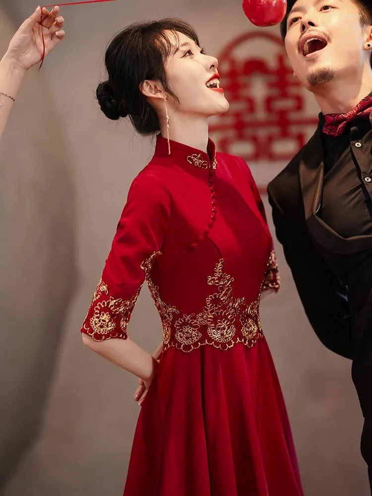 Ubranie etniczne Cheongsam Toast sukienka wino czerwony krótki zaręczyny formalny wieczór chiński tradycyjny koktajl przyjęcia weselny qipao sukienki