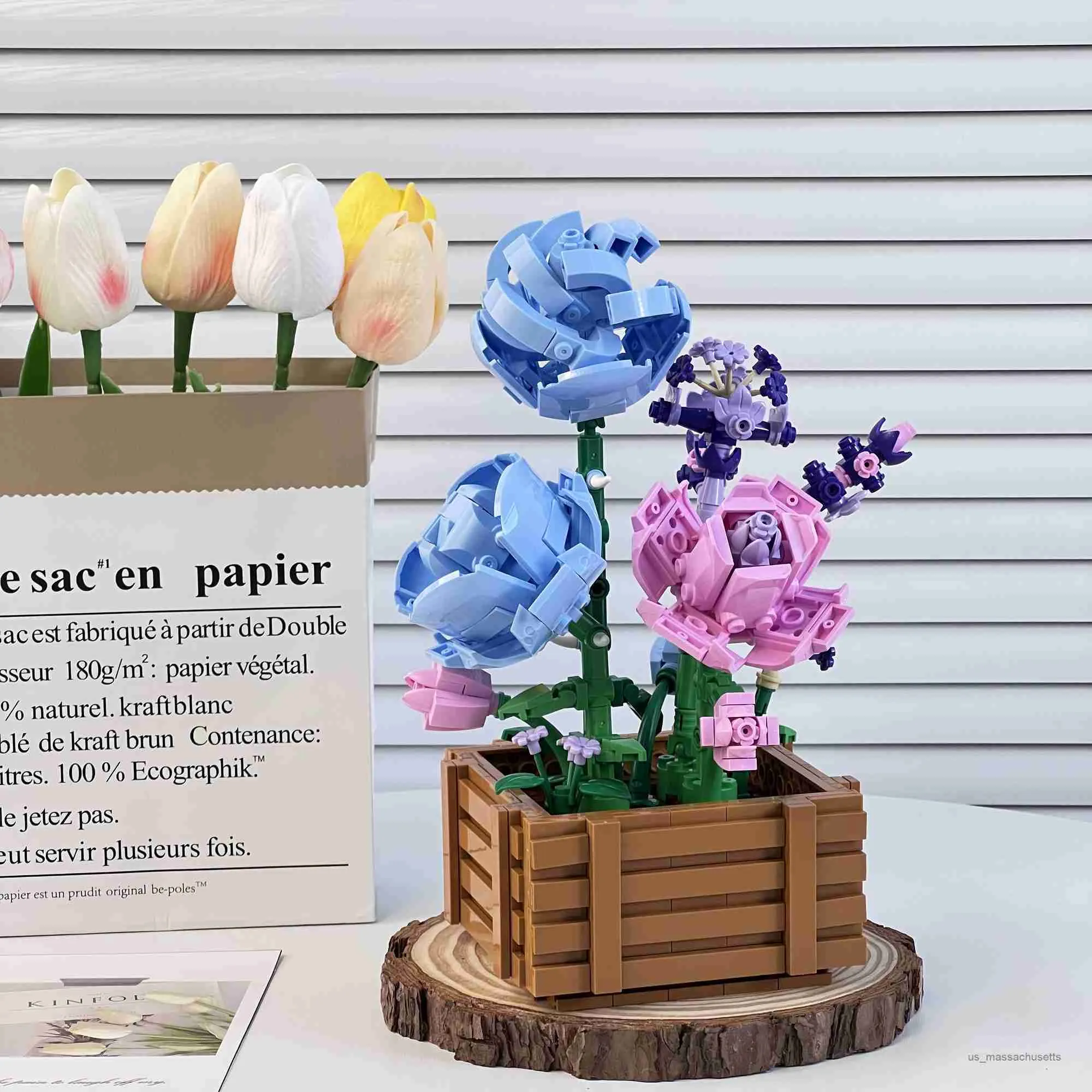 Blocks Building Blocks B DIY Flower Rose Sunflower Potted Bouquet Home Decoration Desktop Ornament Block Girl Gift Children's Toys R230817