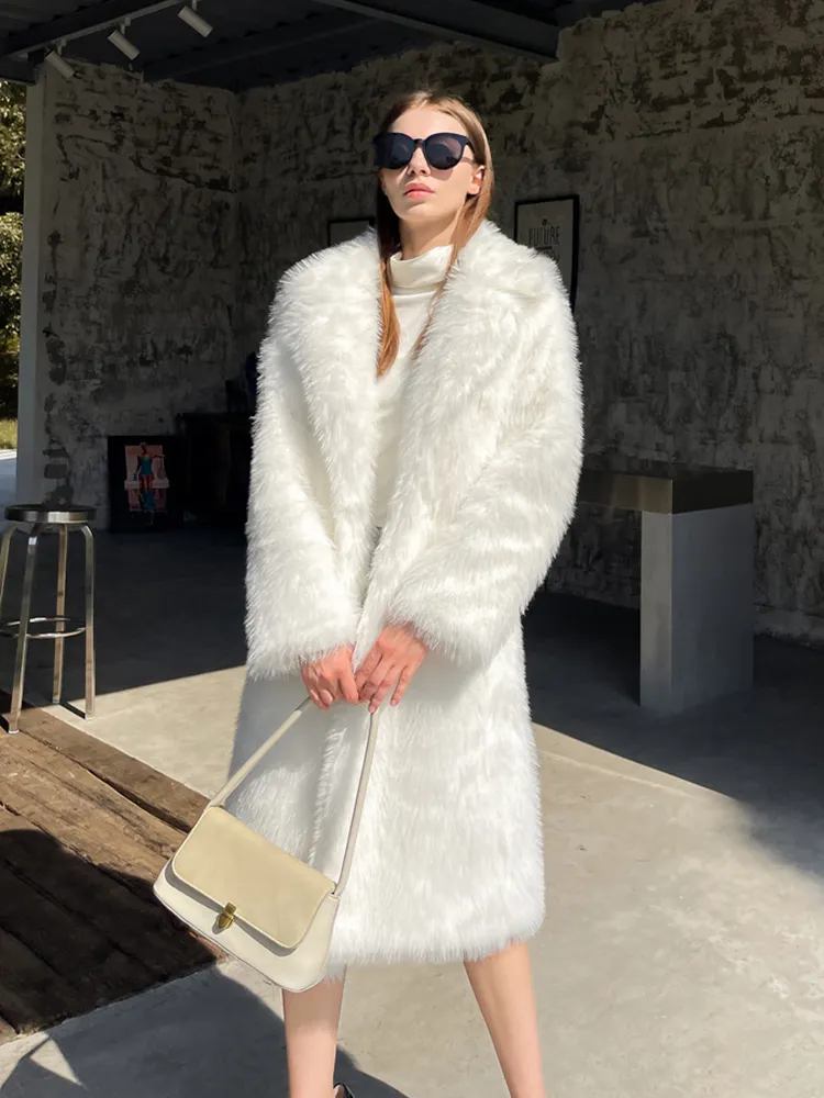 2023 Winter Fluffy Jacket Women Solid Lapel Long Faux Fox Fur Coat Ladies Furry Warm Pink White Jacket Trench Coats Tops