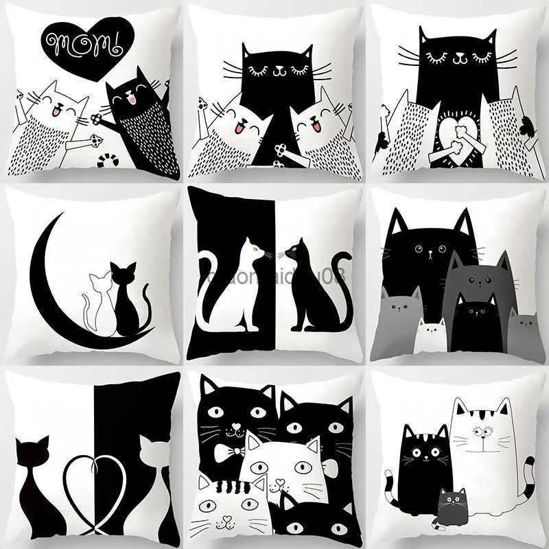 Caixa de travesseiro engraçado engraçado, amante preto Cat Case Cushion Capa 45*45 Sofá da capa de poliéster Decoração de decoração da casa da casa HKD230817