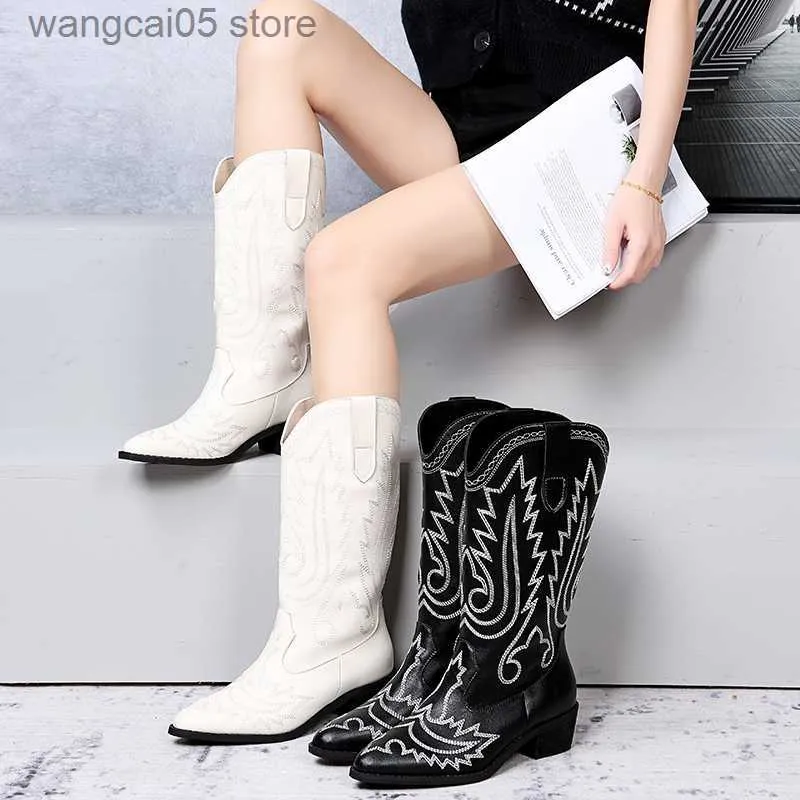 Bottes cowboy cowboy cuir pointu pointu bottes hautes dames 2023 Fashion Leather broderie femme Mid Calf Western Boot Botas Mujer 43 T230817