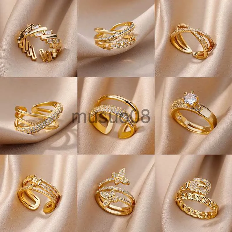 Bandringar zirkon dubbel lager öppna ringar för kvinnor guldpläterad justerbar rostfritt stål ring bröllop estetiska smycken present bijoux femme j230817