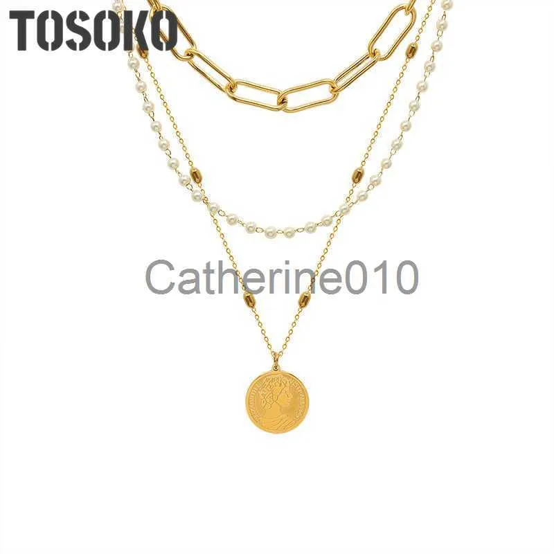 Pendant Necklaces TOSOKO Stainless Steel Jewelry Three Layer Pearl Queen Pendant Necklace Women's Fashion Clavicle Chain BSP4 J230817