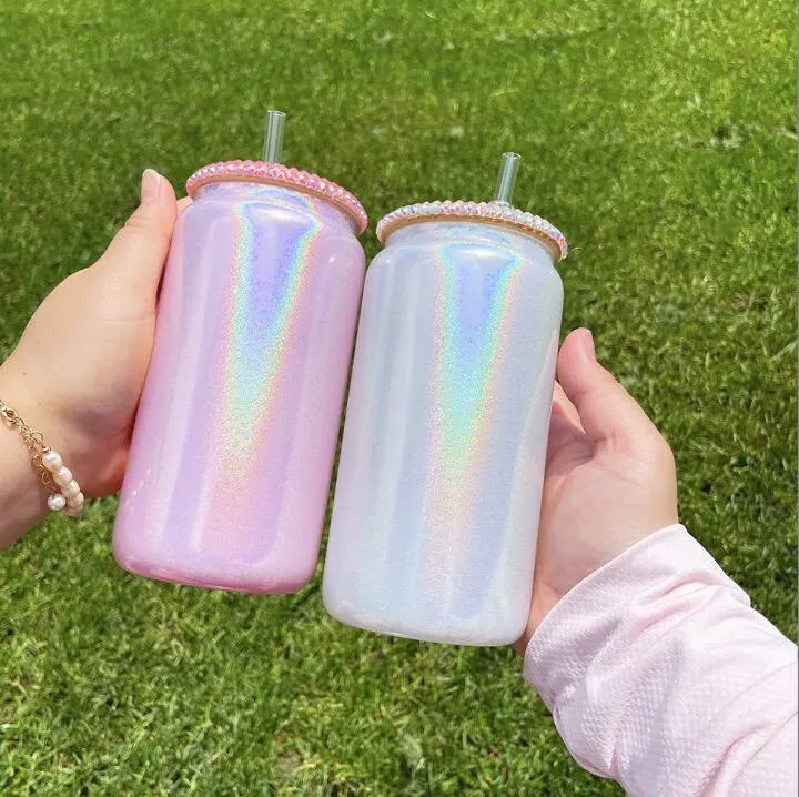 sublimation 16oz glitter glass tumbler with bling lids shimmer glass can diamond lid reusable straw beer Can Transparent Soda Can Cup drinking cups