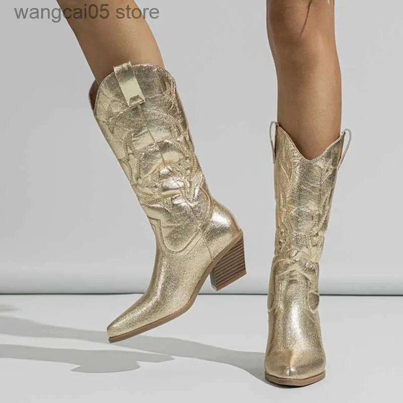 ブーツliykeファッション刺繍ウエスタンカウボーイブーツ女性の革張りのゴールデンシルバーポーティングトウの低い蹄のかかと滑り止め靴t230817