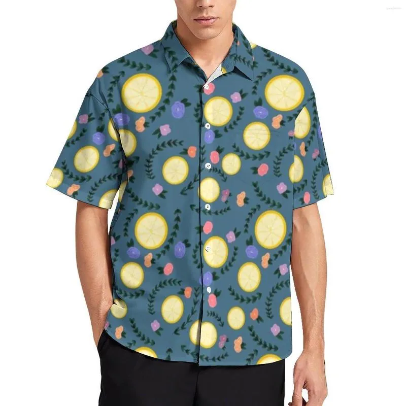 Men's Casual Shirts Yellow Lemon Slices Blouses Men Flower Print Hawaiian Short Sleeve Printed Streetwear Oversize Beach Shirt Gift