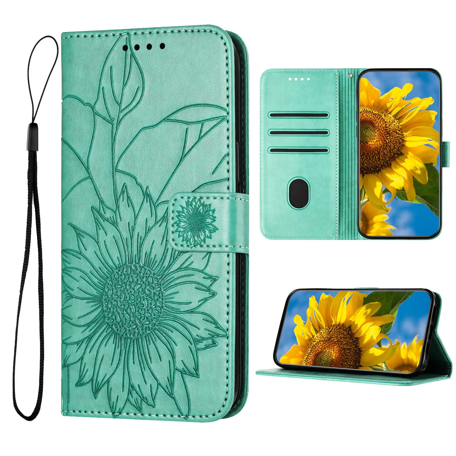 Cajones de billetera de la tarjeta de flores en relieve de cuero PU para Samsung Galaxy A54 A53 A33 A34 A14 A13 A72 A52 A12 Golpeo de girasol Flip Soport