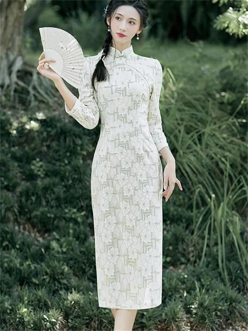 Etniska kläder vintage mandarin krage hög split cheongsam kinesisk stil traditionell klädklänning bomull qipao vestido