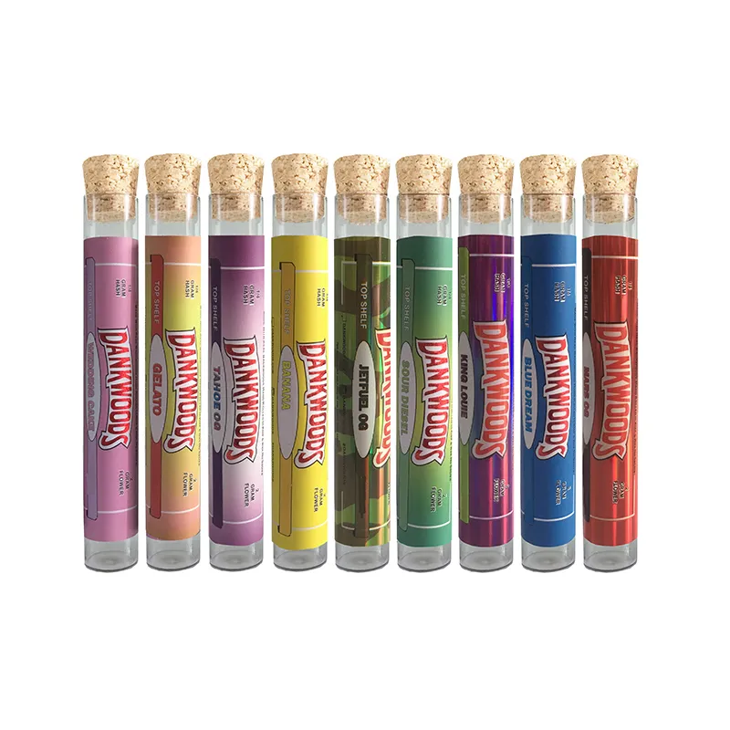 Tubos de vidro vazios Dankwood Joint PreRolls Rolha de madeira Embalagem 1 Gram Prerolls MoonRock Adesivo laebls 115mm tubo