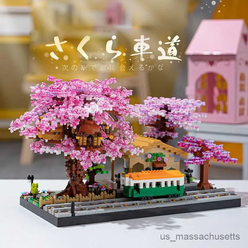 Blokkeert Sakura House Tree Trains Station Bouwstenen Chreeey Flowers City Street View Micro Assemble B Collection Toy Gift R230817