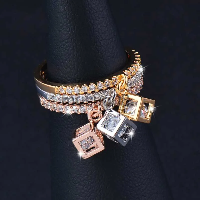 Bandringar Sinleery Charm Cubic Zirconia Crystal Inside Hollow Square Pendant Rings for Women Girls Gold Color Wedding Jewelry ZD1 SSO J230817