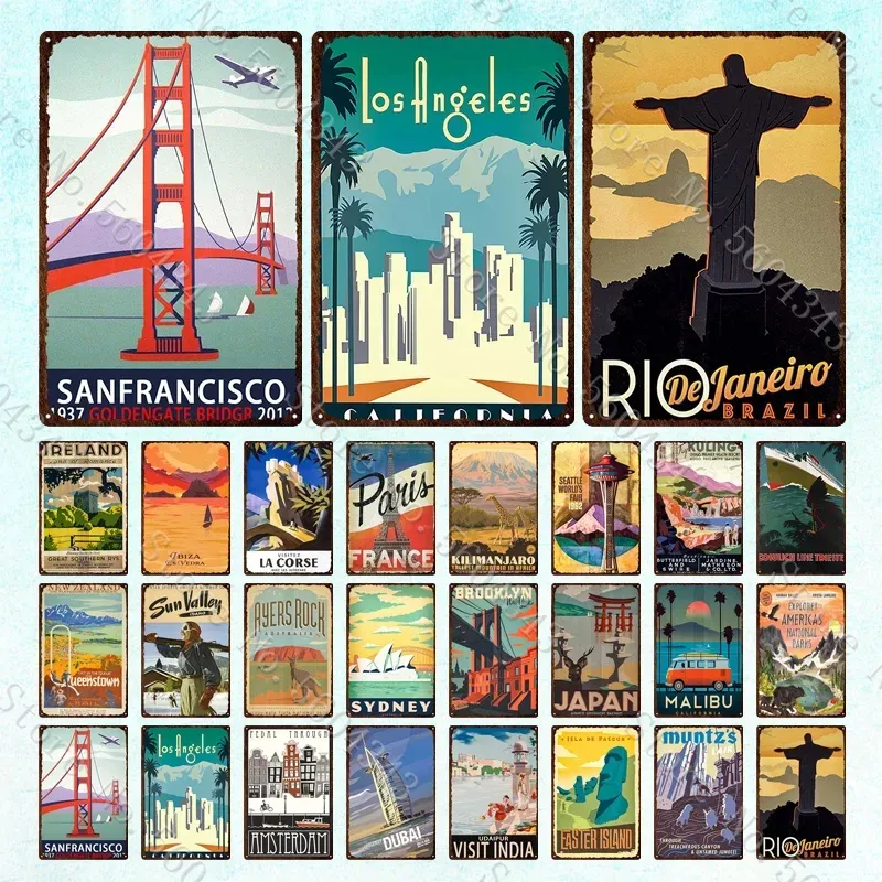 Miasto krajobraz vintage metalowy znak Paris San Francisco Los Angeles Dubai Travel Sceneria Tin Palence Dekoracja pokoju domowego Piękna sceneria metalowy plakat 30x20 cm W01