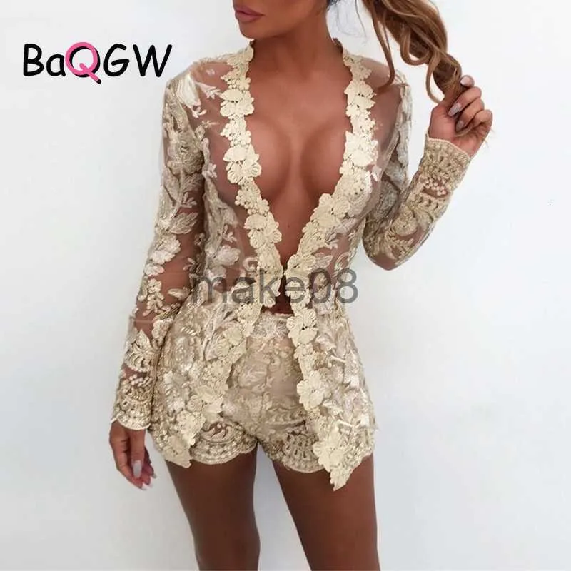 Women's Two Piece Pants BaQGW Vintage Floral Embroidery Sexy Two Piece Sets Women Lace V Neck Hollow Out Cardigan Shorts Nightclub See Through Outfits J230816