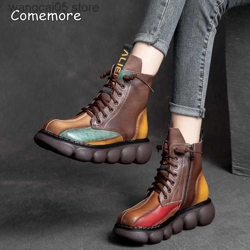 Boots Comemore Women's Boots Fashion Chelsea Boot Vintage Short Leather Ankle Boots Autumn Winter 2022 New Leather Patchwork Platform T230817