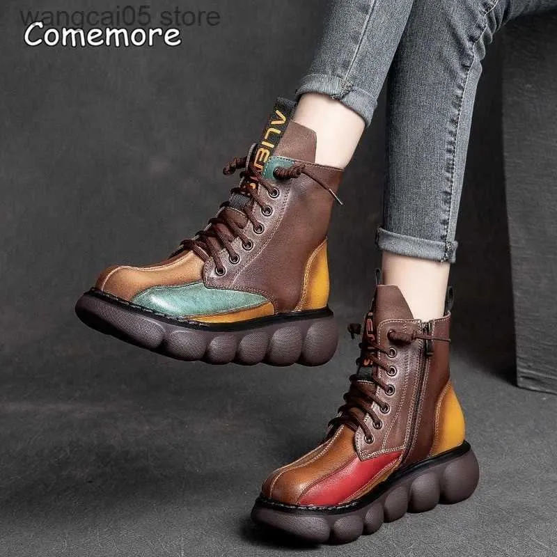 Buty Comemore Damskie buty moda chelsea but vintage krótkie skórzane buty kostki jesienne zima 2022 nowa skórzana platforma patchworka T230817