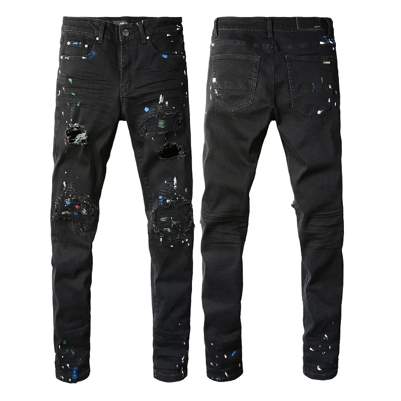 Luxe jeans heren designer jeans voor heren broek man zwarte mager rip witte patch denim biker slang borduurer ami jeans