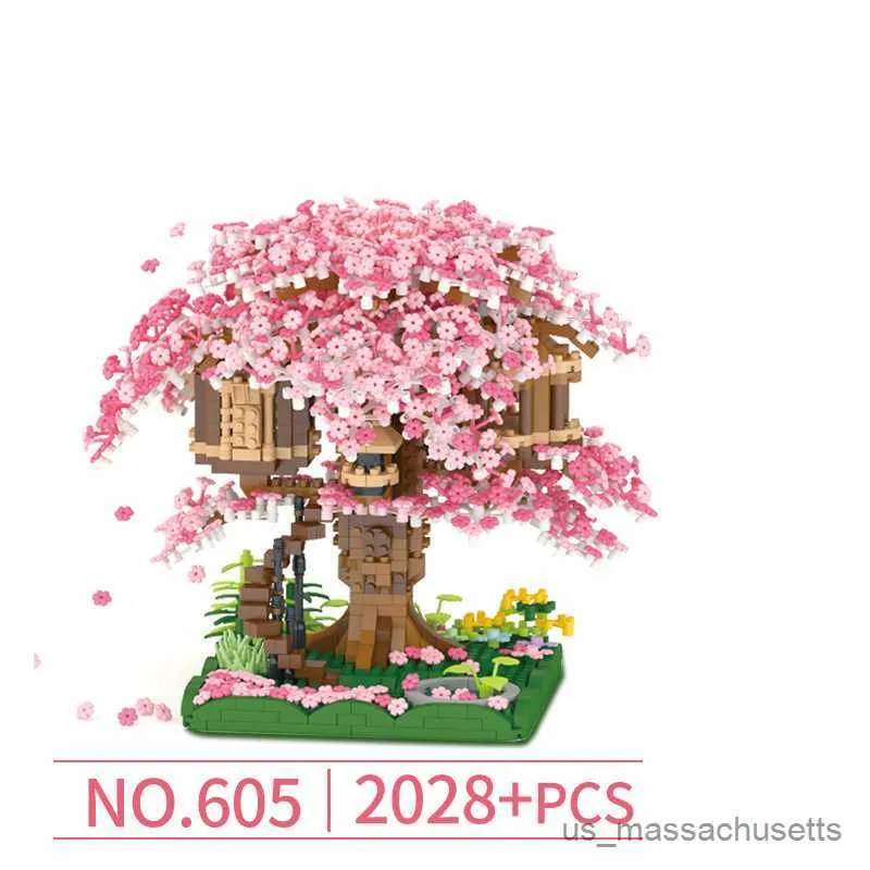 Block mini Sakura Trees House Japanese Oriental Cherry Blossom Micro Building Blocks Tower Brick Child Toy Kid Christmas Gift Gardens R230817