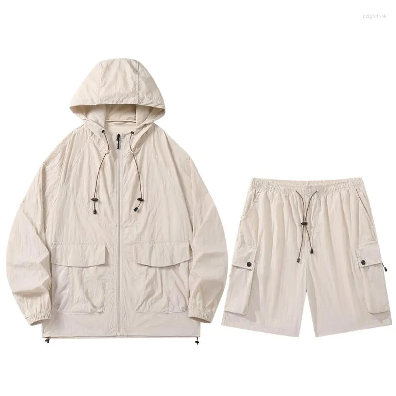 Herrespår Två stycken Set Ice Silk Sunscreen Hooded Jacket Shorts Solid Color Ultra-Light Tracksuit Outwear Unisex Casual Windbreaker