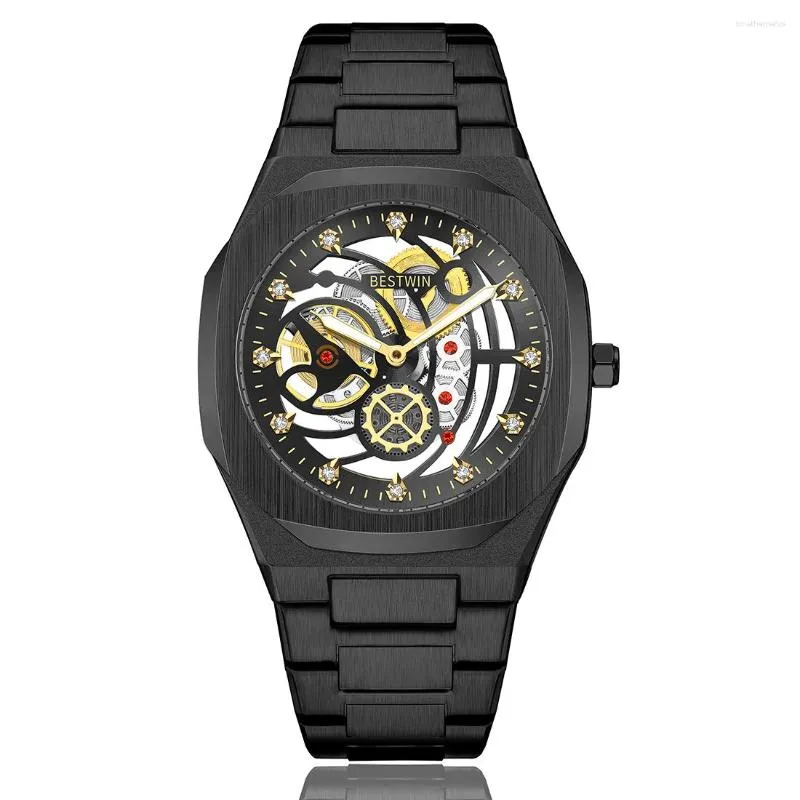 Armbanduhren luxury Männer beobachten schwarze Gold Zifferblatt männlicher Quarz Armbanduhr Klassische Marke Skelett Steampunk Cool Uhren Business Man Diamant Diamant