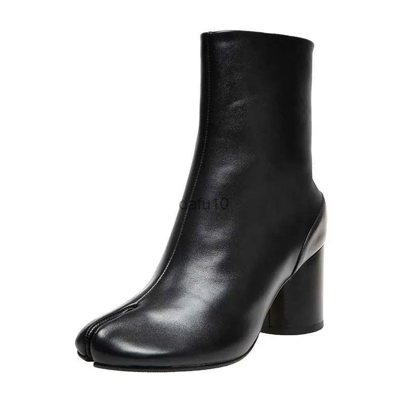 Vestido sapatos de couro real botas de dedão de dedão feminina ninja tabi botas para mulheres saltos altos sapatos de salto alto mulheres botas de vaca botas mujer hkd230817