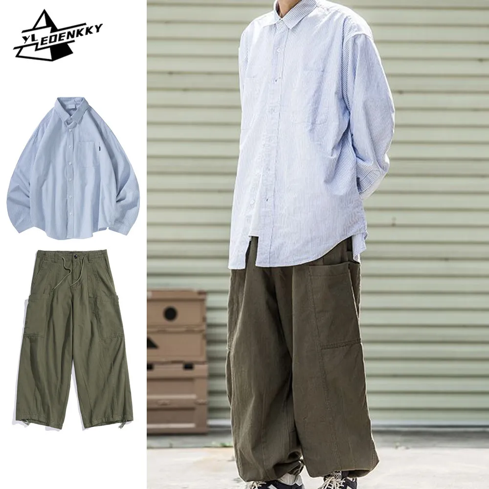 Survêtements pour hommes japonais simple ensemble hommes femmes séchage rapide rayé chemise à manches longues vintage lâche pantalon cargo couple couple deux pièces 230817