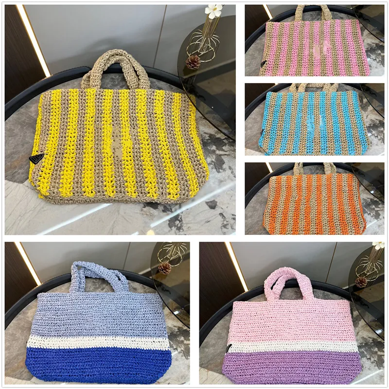 Classic straw designer triangle handbag beach tote bag women men knitting letter shopping bags canvas leather handbag summer shoulder bags stripes woven bag