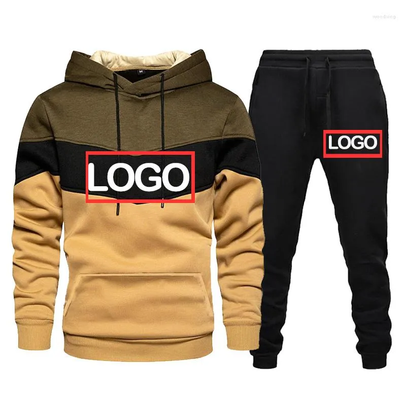 Men's Tracksuits Custom Logo Patchwork Hooded Sweatshirts And Pants 2 Pieces Set Casual Loose Fleece Warm Hoodie Suits DIY